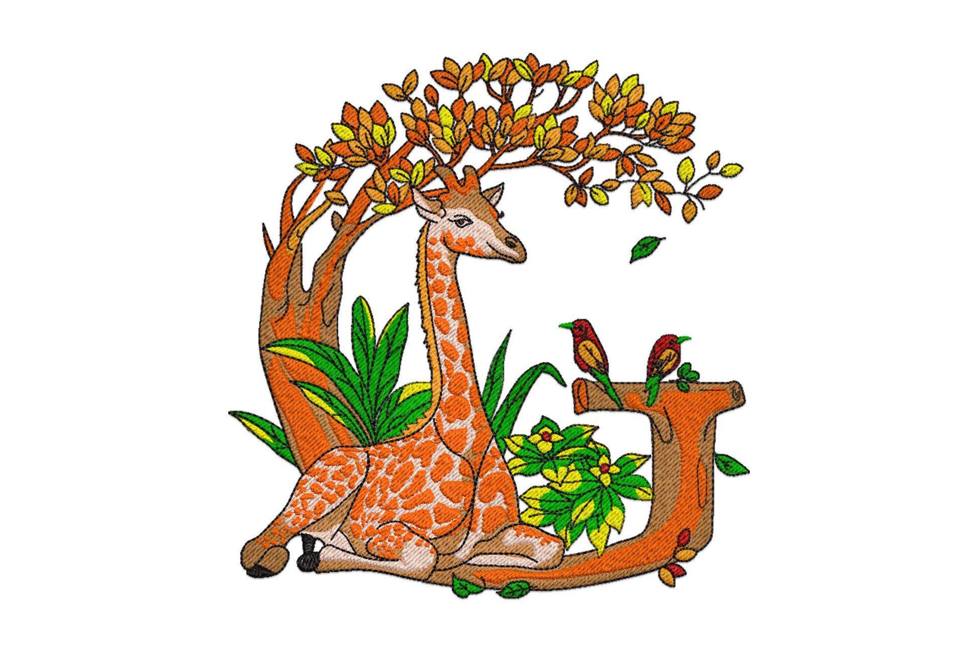 Alphabet G embroidery, giraffe inside acacia tree letter, two red birds, yellow flowers, warm brown and dark green tones.