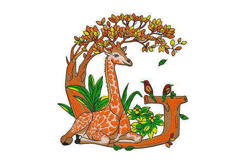 Alphabet G embroidery, giraffe inside acacia tree letter, two red birds, yellow flowers, warm brown and dark green tones.