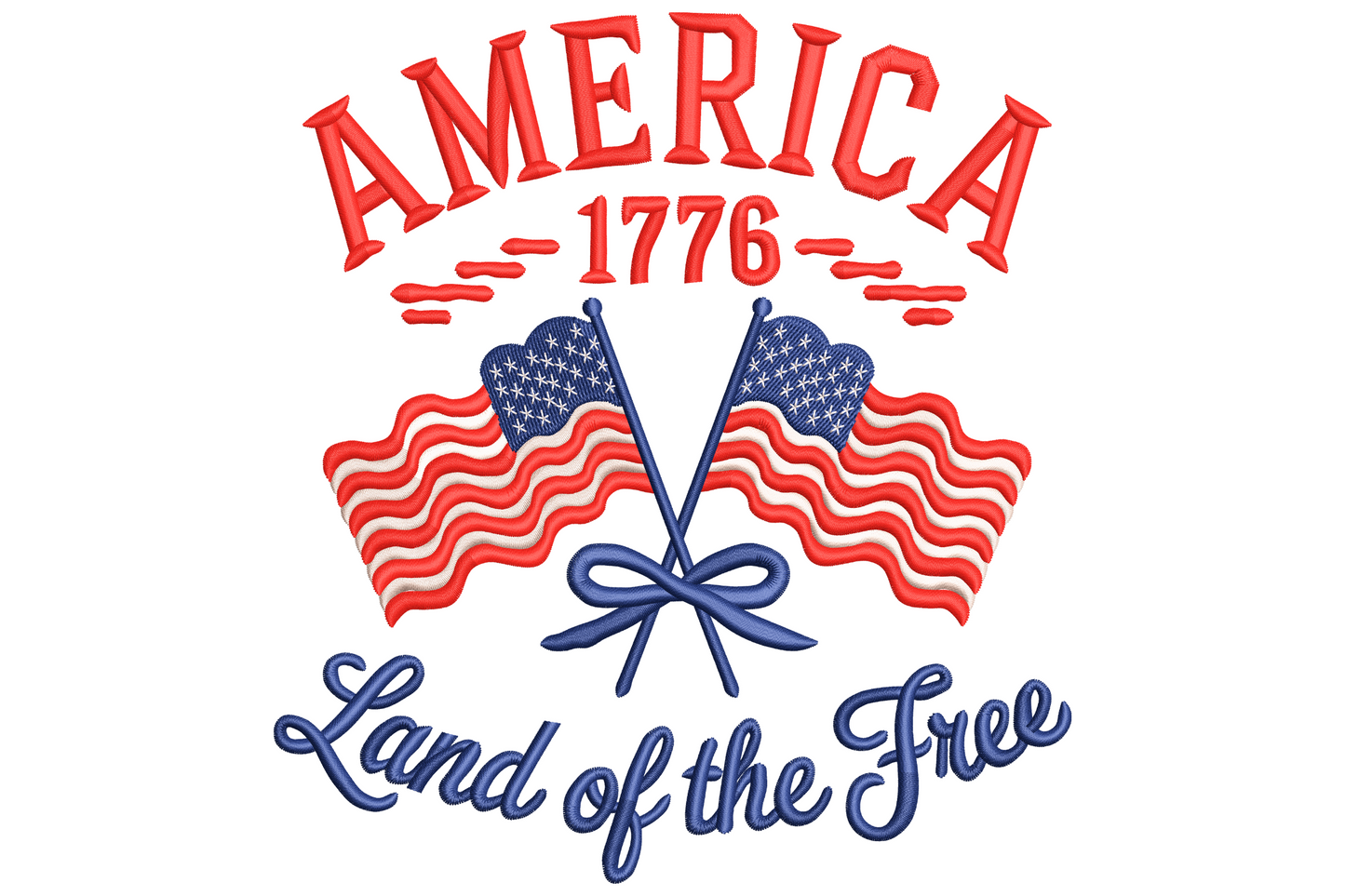 America 1776 Land of the Free embroidery design with bold stacked americana text in red and navy, 4 colours.