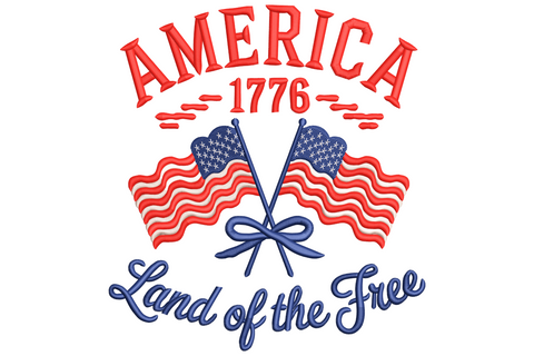 America 1776 Land of the Free embroidery design with bold stacked americana text in red and navy, 4 colours.