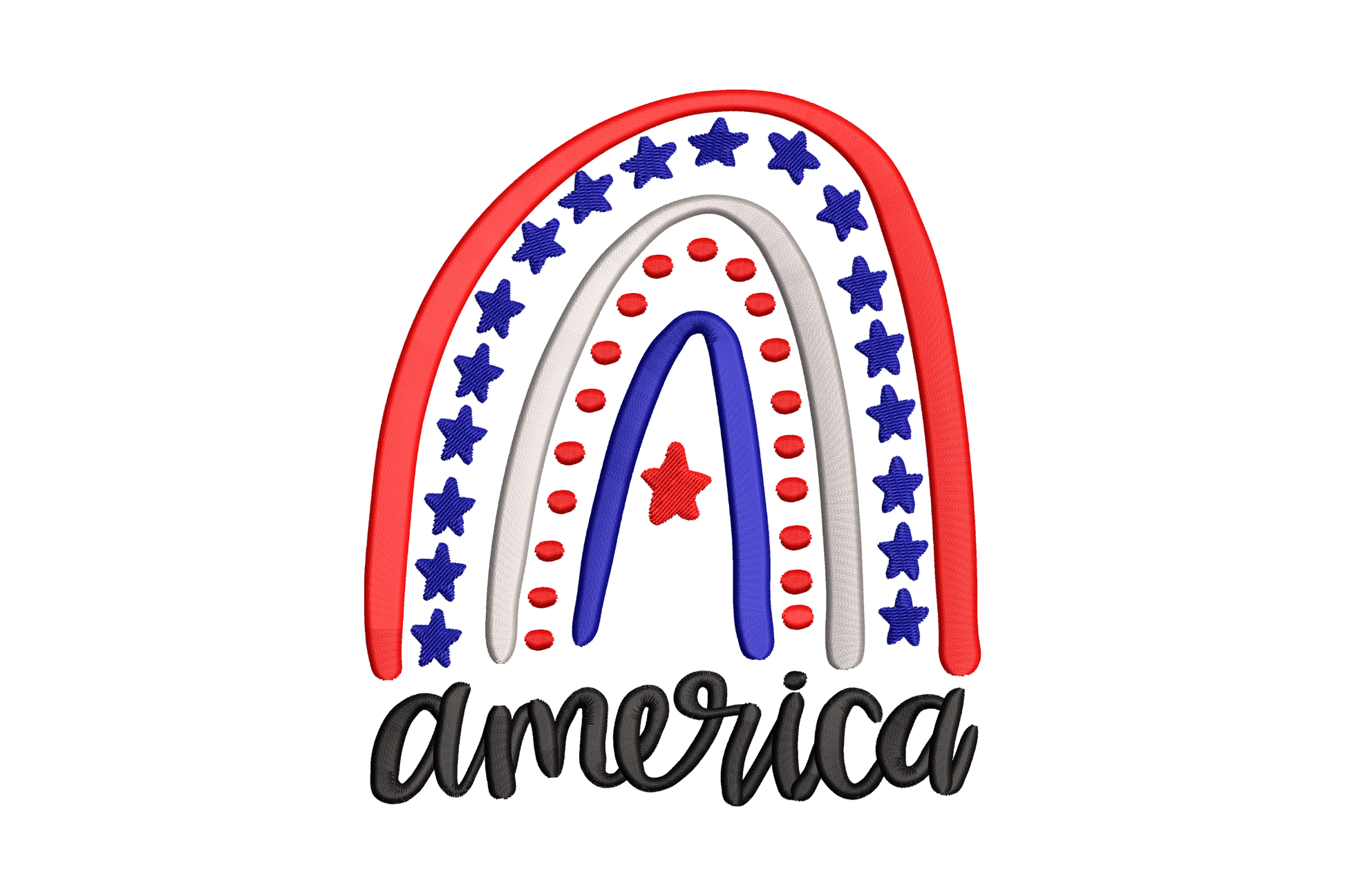 Patriotic America rainbow arch embroidery, star-filled red and blue bands, grey centre arc, lowercase script lettering below.