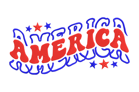 America patriotic embroidery design with chunky red groovy lettering, wavy blue decorative outline frame and scattered stars.