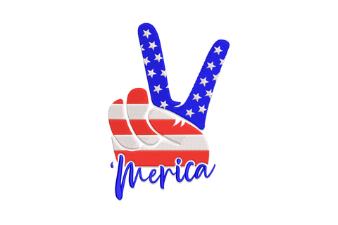 America peace hand embroidery design with blue star-filled fingers, red and white striped palm, and Merica cursive script below on white background.