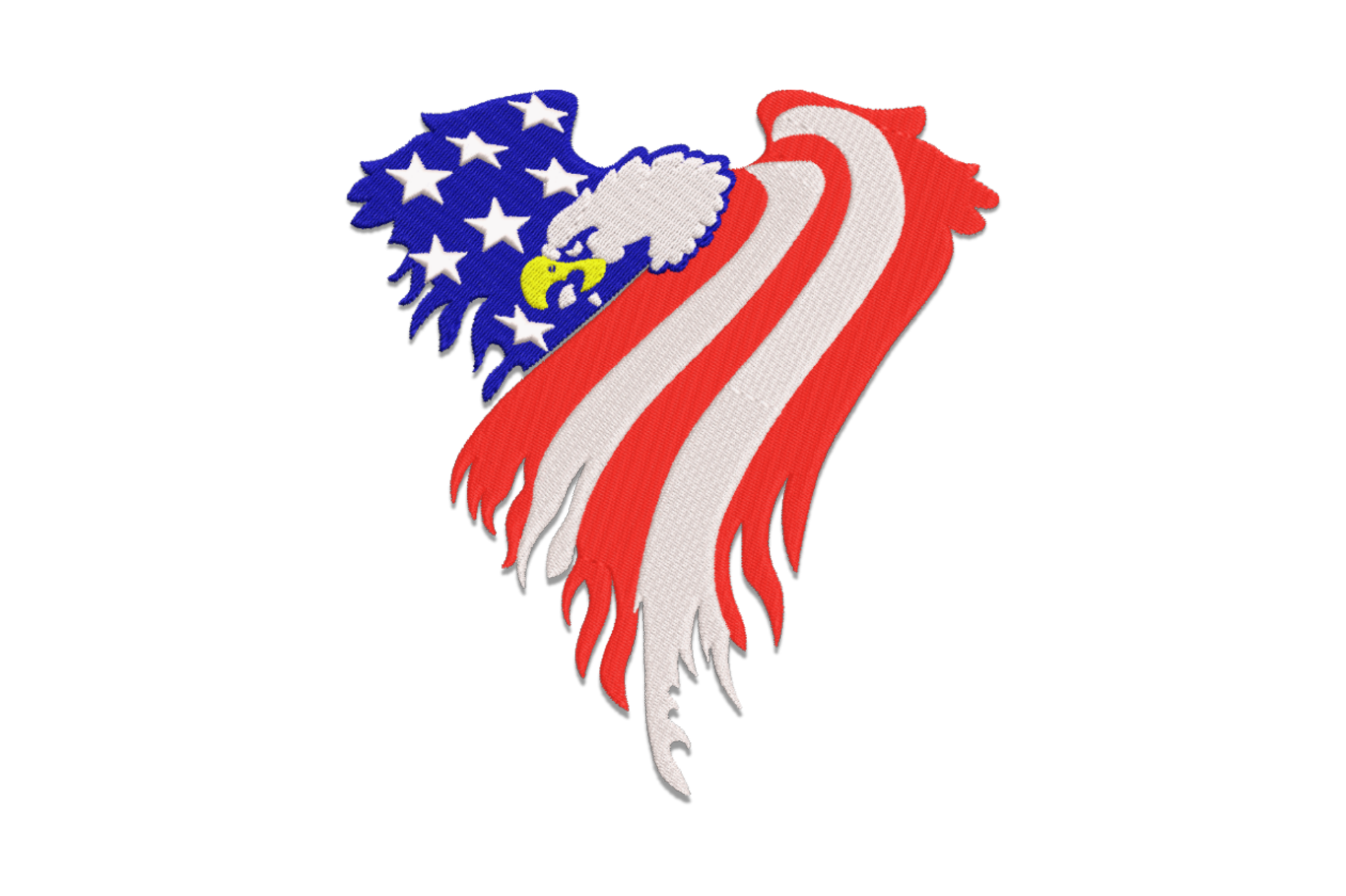 American bald eagle wings spread over the American flag embroidery design, directional feather stitching, 4 colours, patriotic apparel and jacket art