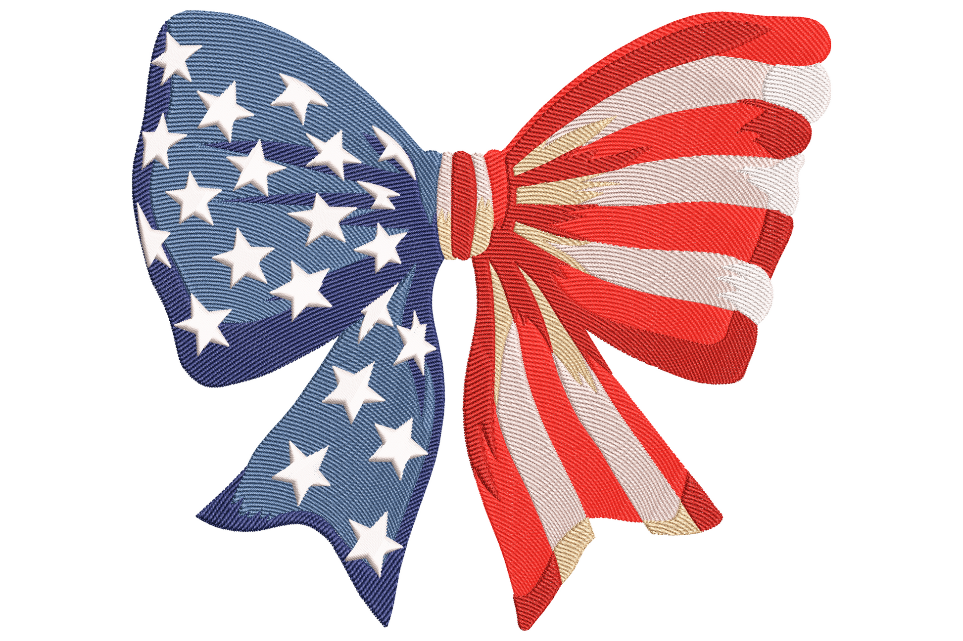 American flag bow embroidery design with navy stars panel on left loop, red and white horizontal stripes on right loop, cream knot centre.