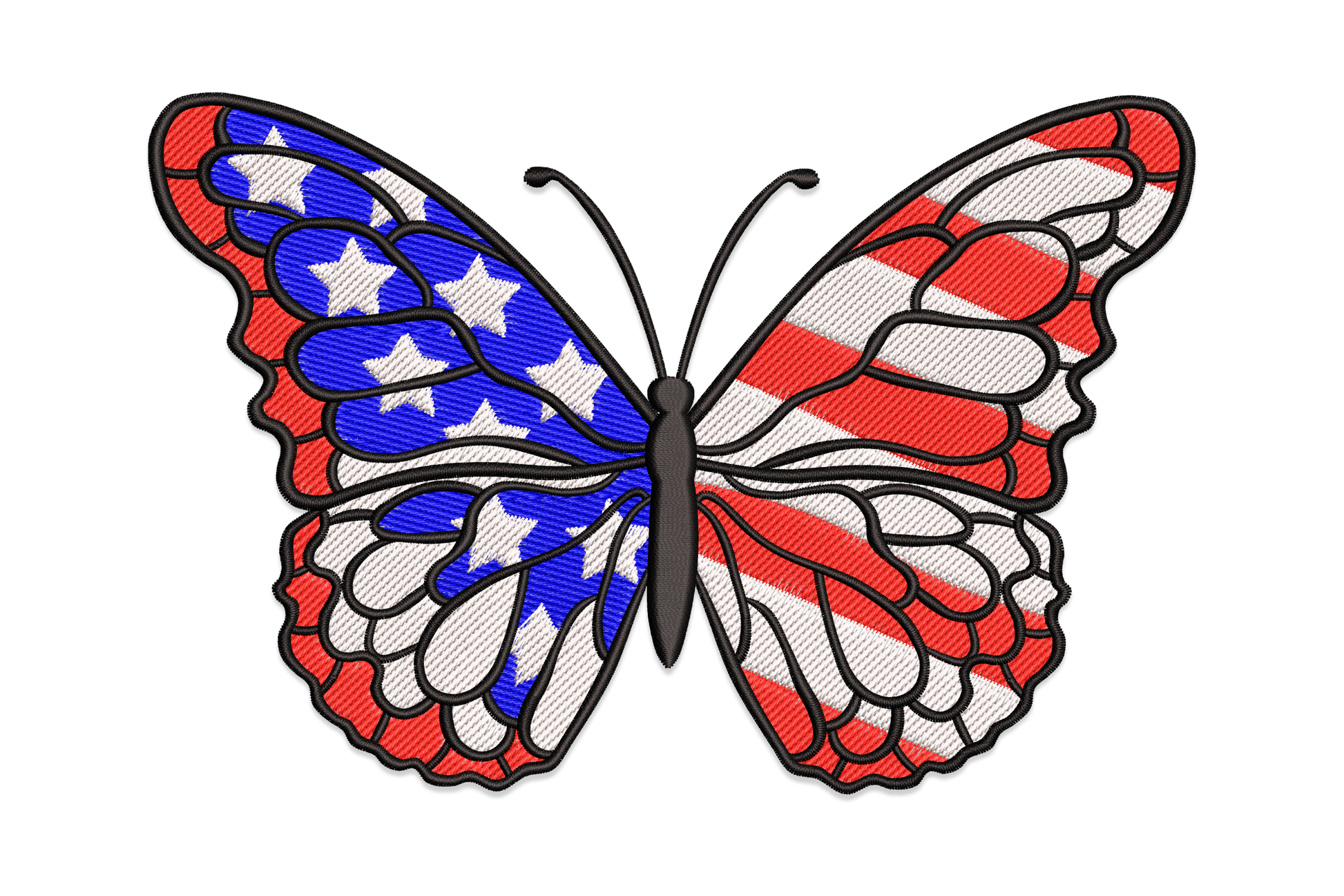American flag butterfly embroidery design with blue star-filled left wings, red and white striped right wings, and black body on white background.