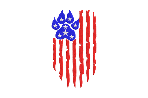 Machine embroidery design of a dog paw print with blue canton and white stars on toe pads and distressed red and white flag stripes on the main pad, 3 colors