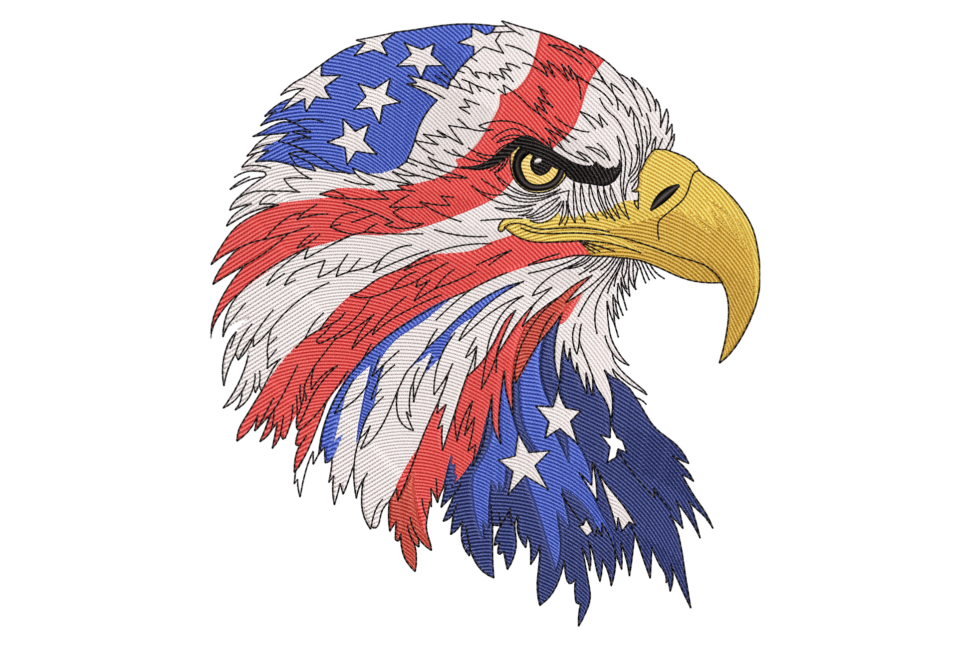 American flag eagle embroidery design, bald eagle head in profile with red white and blue flag feathers and gold beak.