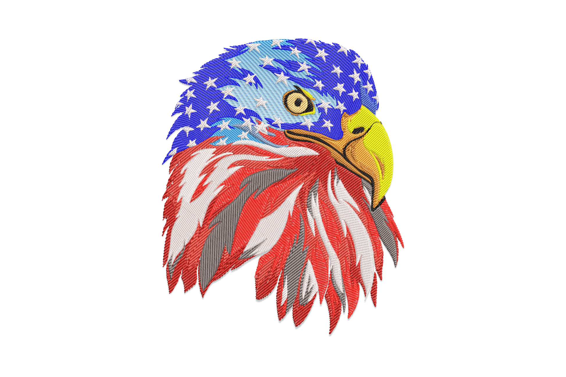 American flag eagle head embroidery design with a blue star-filled crown, red and white feather stripes, and a golden yellow beak on white background.