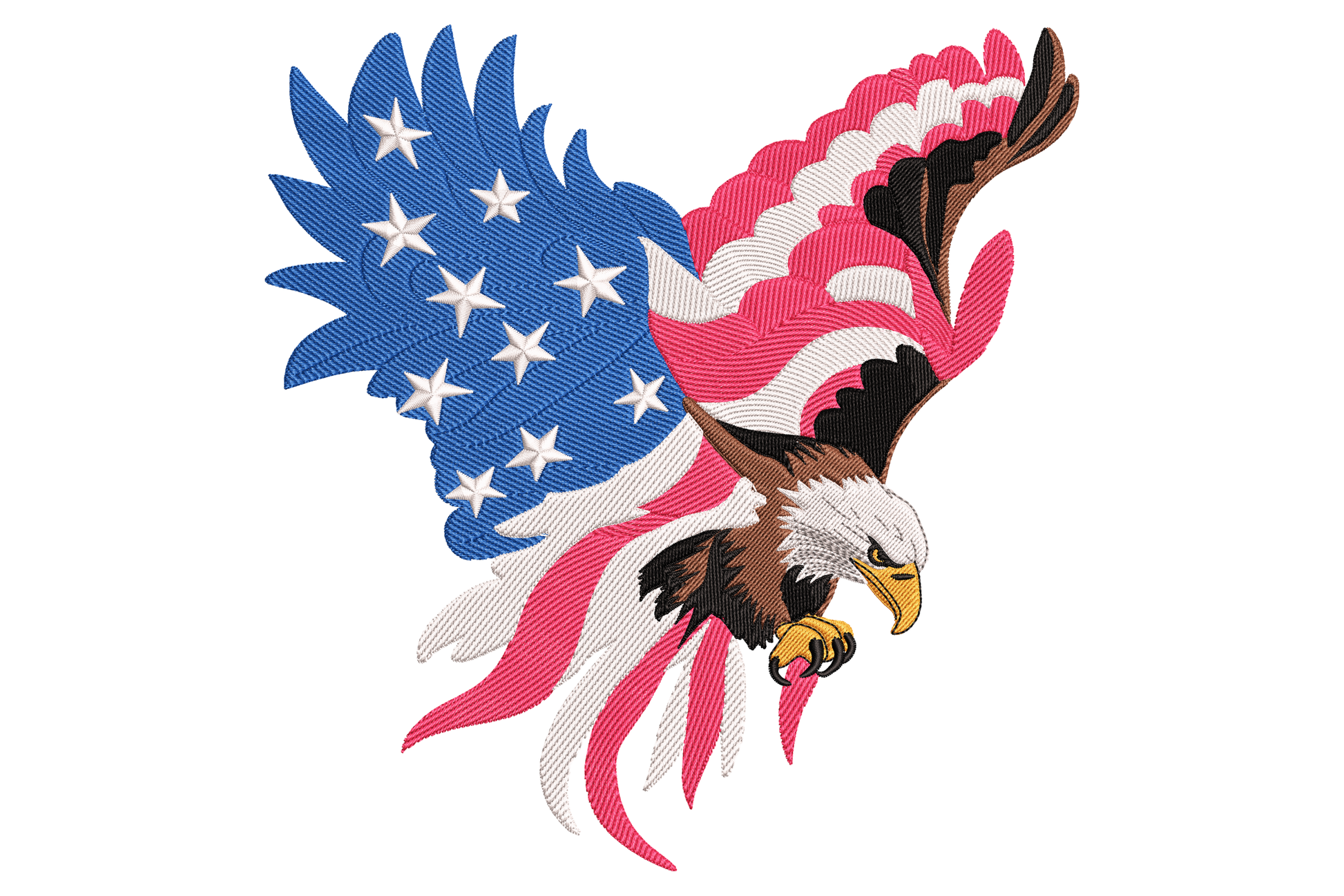 American flag eagle embroidery design with a bald eagle in flight, wings flowing into the stars and stripes flag