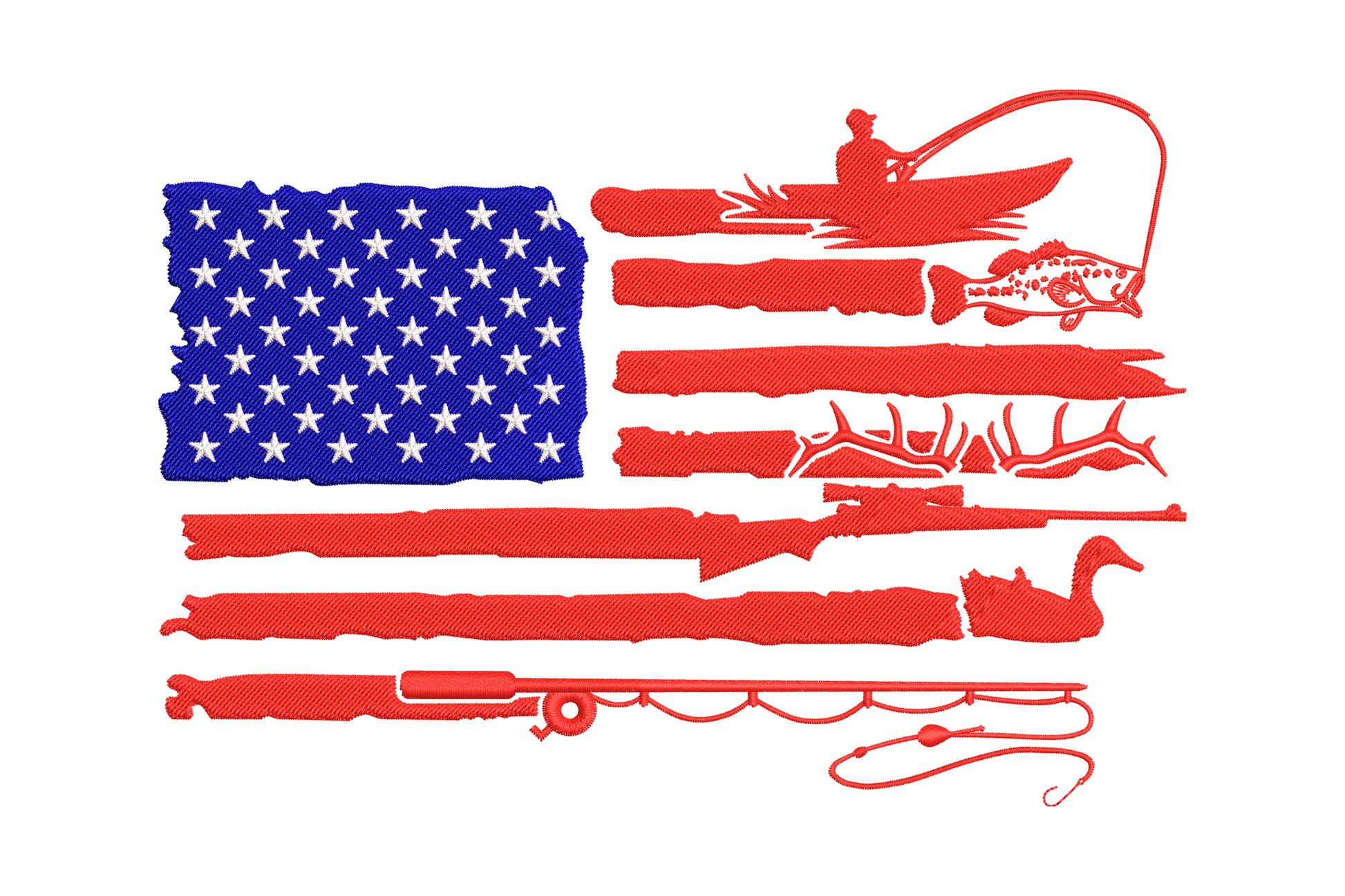 American flag fishing and hunting embroidery, red white and blue satin stripes with outdoor gear silhouette overlay.