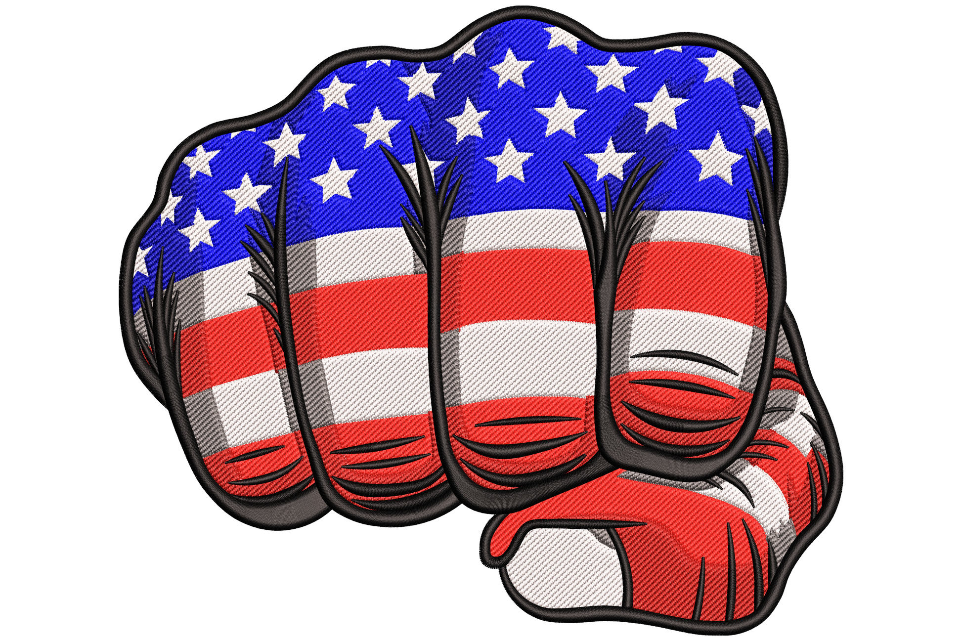 American flag fist punch embroidery, foreshortened clenched hand wrapped in stars and stripes, bold black outlines.