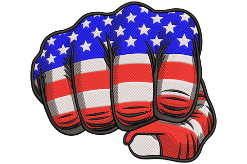 American flag fist punch embroidery, foreshortened clenched hand wrapped in stars and stripes, bold black outlines.