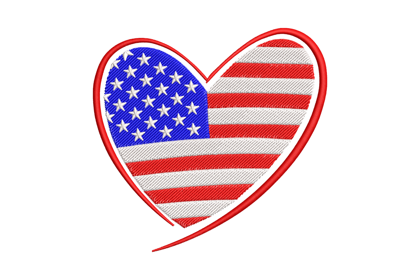 American flag heart embroidery design, navy star canton on left, crimson stripes on right, loose red brushstroke heart outline.
