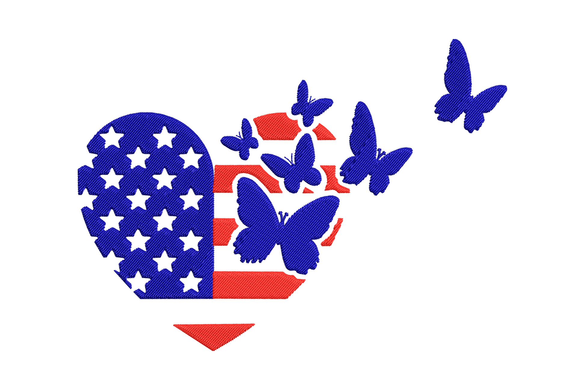 American flag heart embroidery, navy star canton, red stripe fill, blue butterflies ascending from right side.