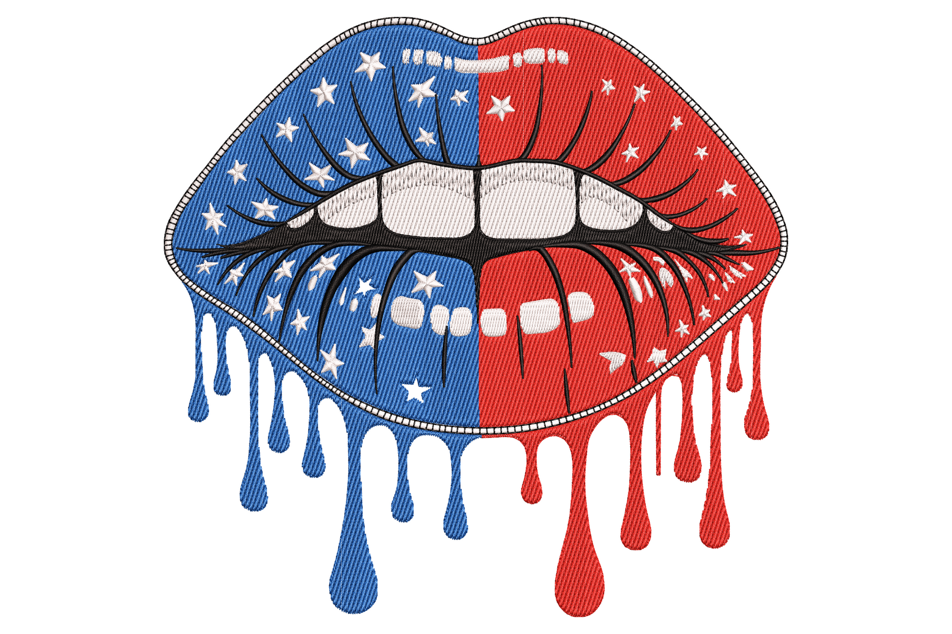 American flag lips embroidery split into navy stars panel and red-white stripes with dripping paint splashes and white teeth.