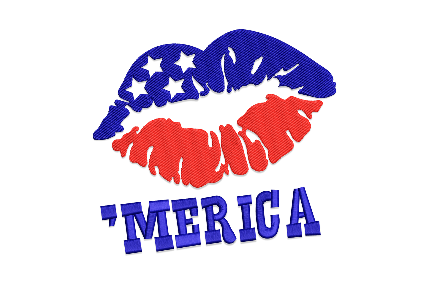 American flag lips embroidery design with a blue star-filled upper lip, red lower lip, and MERICA block text below