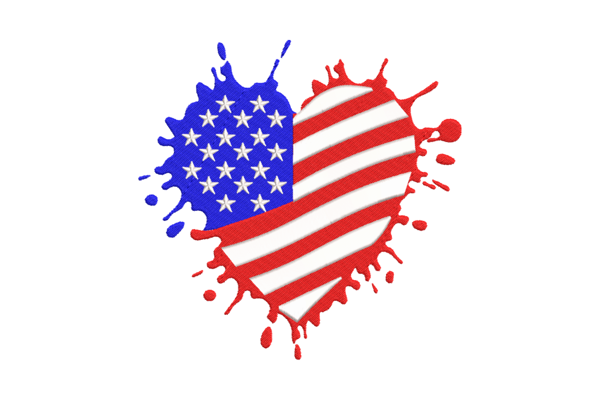 American flag paint splash heart with navy blue stars and red and white stripes in a ragged splatter outline