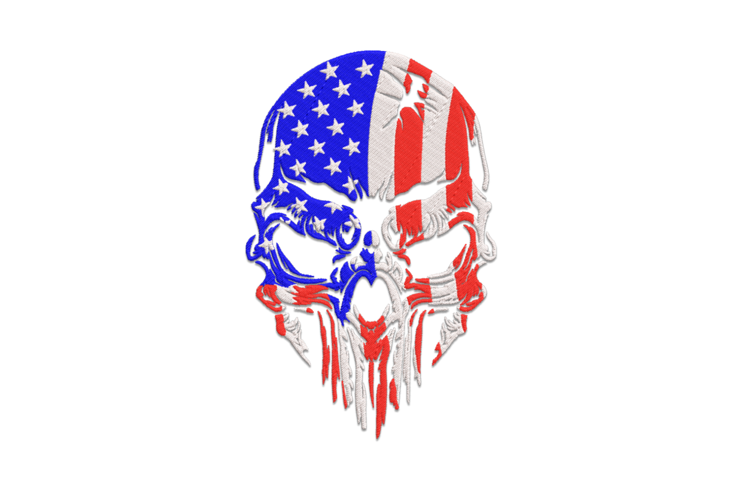 American flag skull embroidery design with blue star field and red white stripes, distressed ragged jaw edge, patriotic punisher style