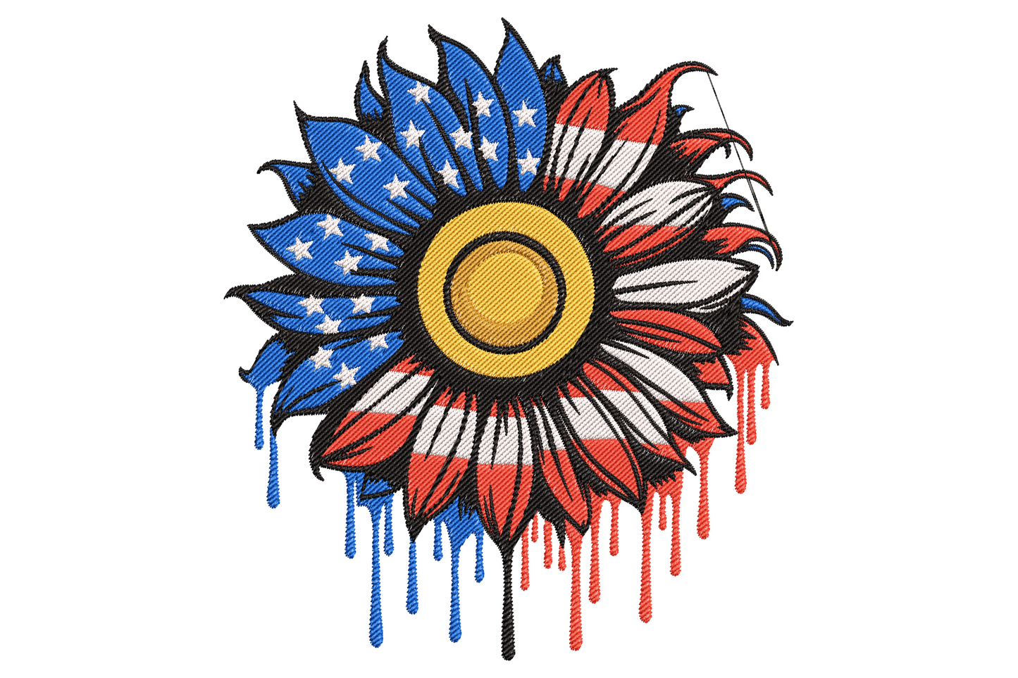 Embroidery design of a sunflower with petals in American flag colours, blue stars and red white stripes dripping