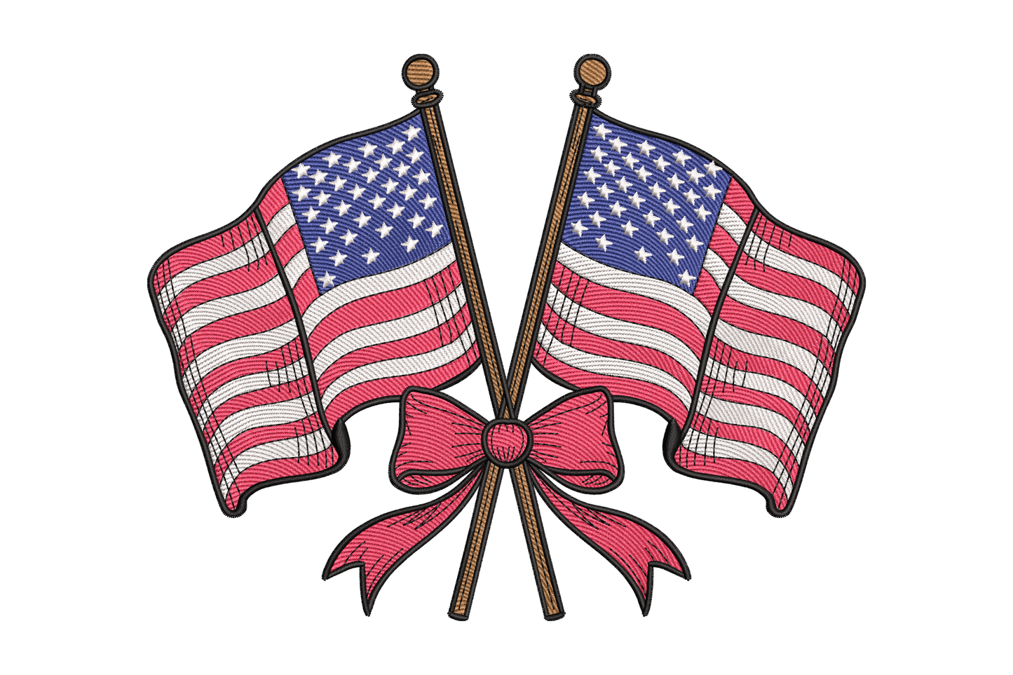 Two crossed American flags with a pink bow in the center embroidery design