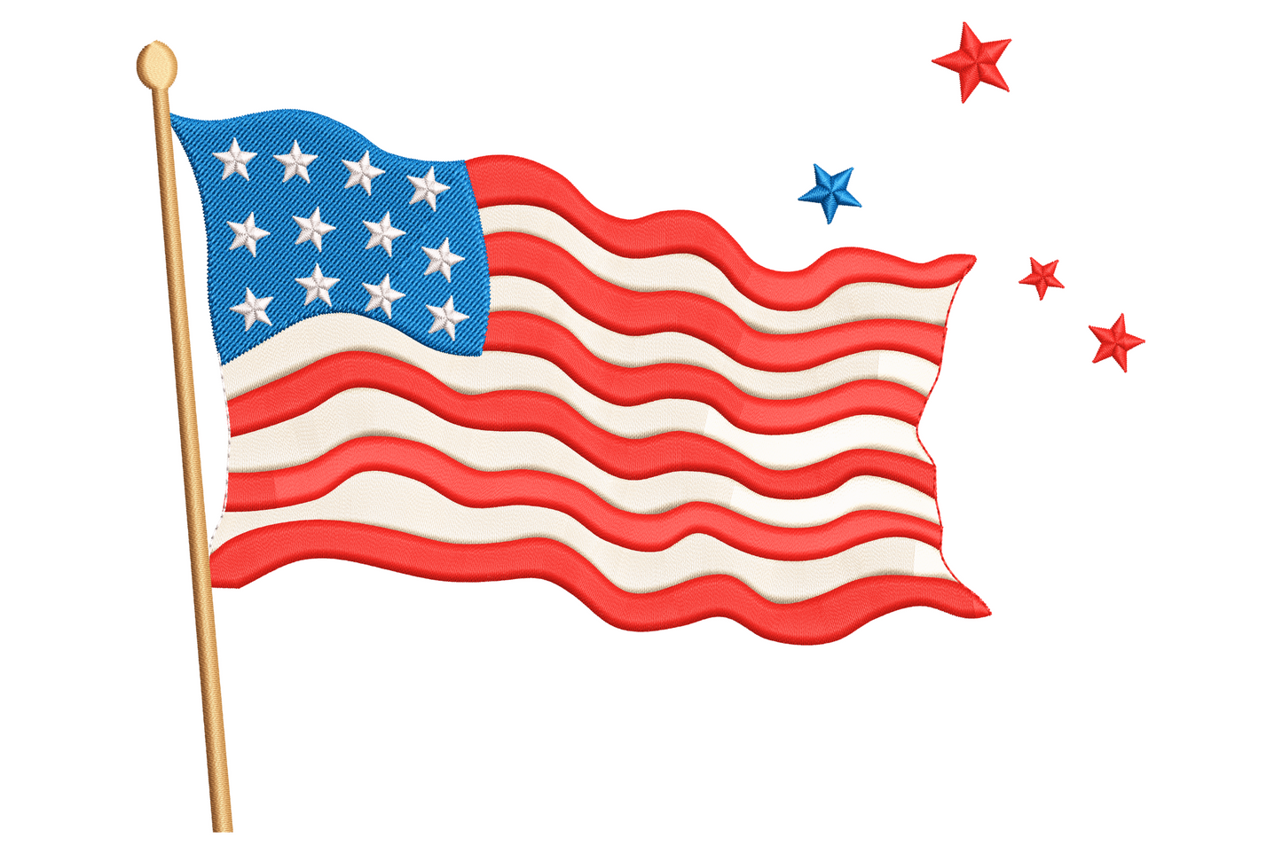 American flag with stars embroidery design, deep navy canton with white five-pointed stars and alternating red and white stripes.