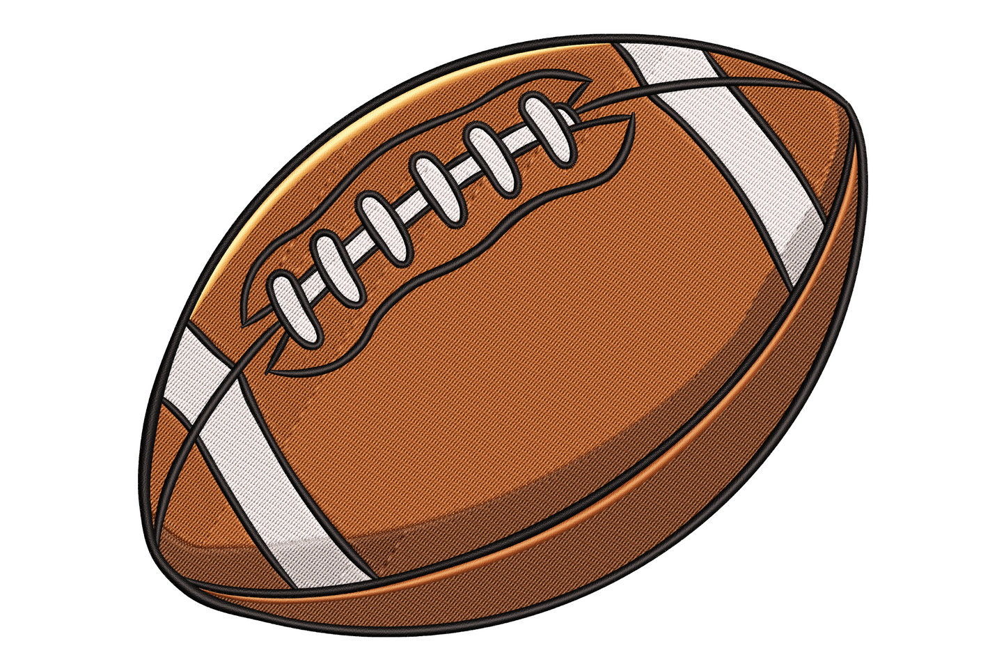 American football embroidery design with rich brown body, white lace detail, silver stripe panels and black outline at a natural angle.