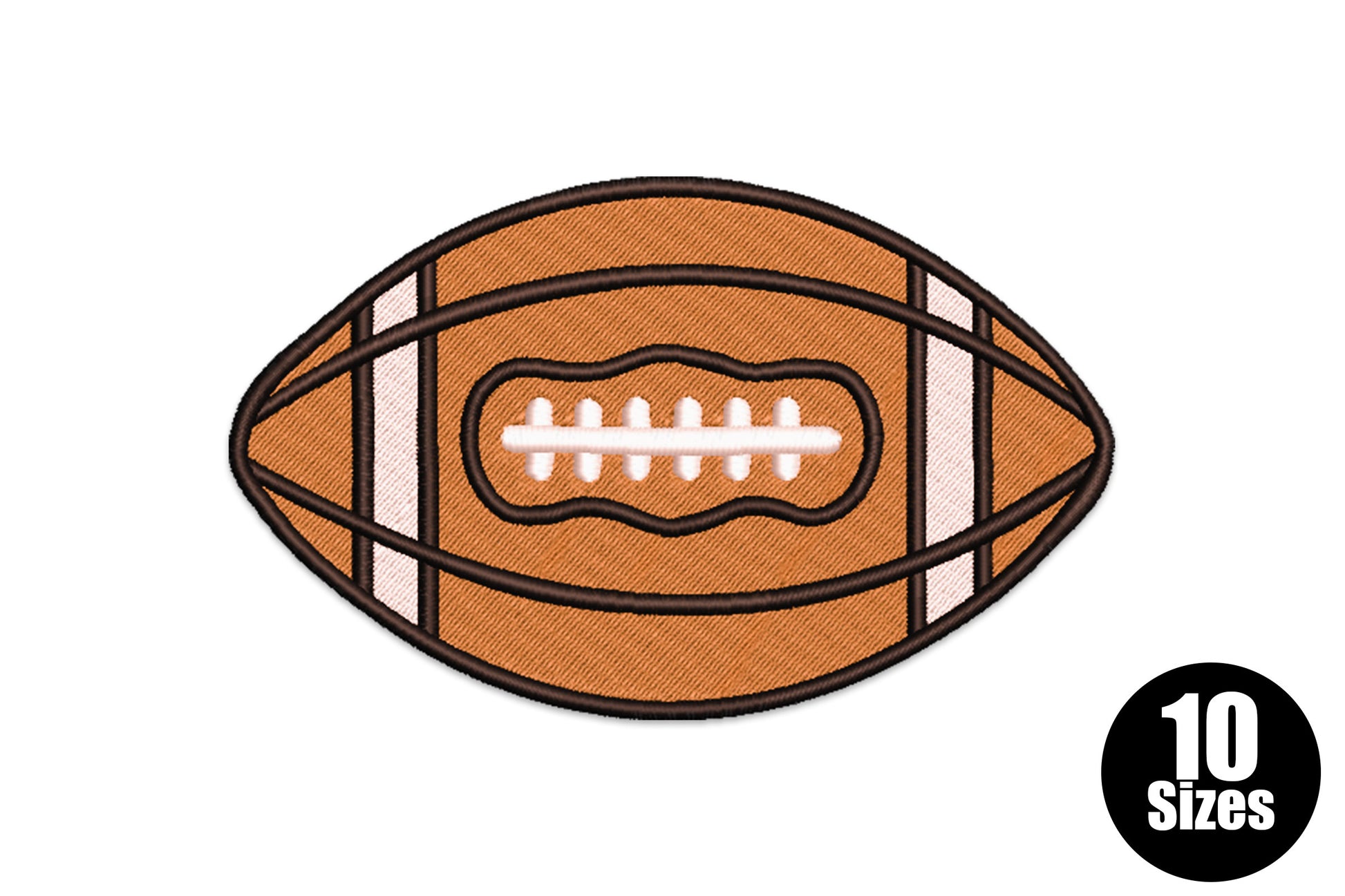 American football embroidery with tan fill, dark brown outline, white stripe panels and lace detail in the centre