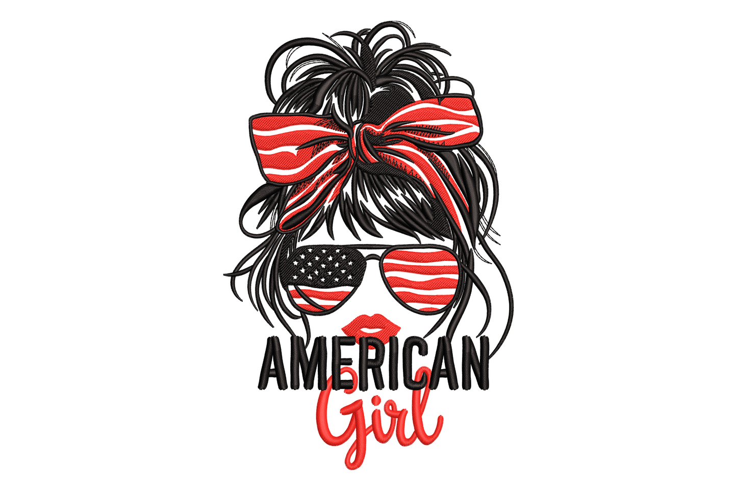 American girl messy bun embroidery with flag bandana bow, flag aviator sunglasses, red lips and bold black line art hair.