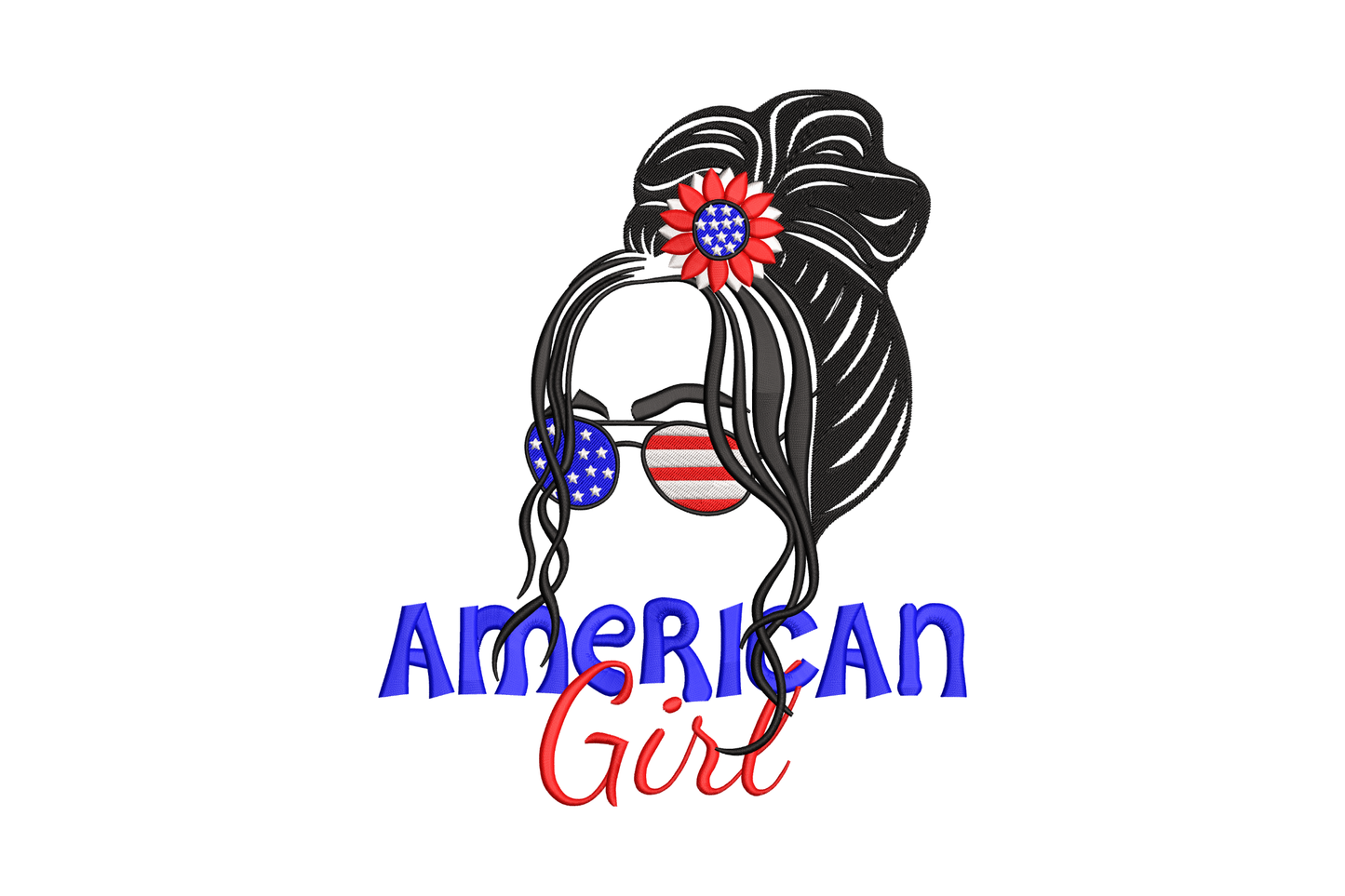 American girl patriotic design, messy bun silhouette with flag sunglasses, star flower and American Girl text in red and blue