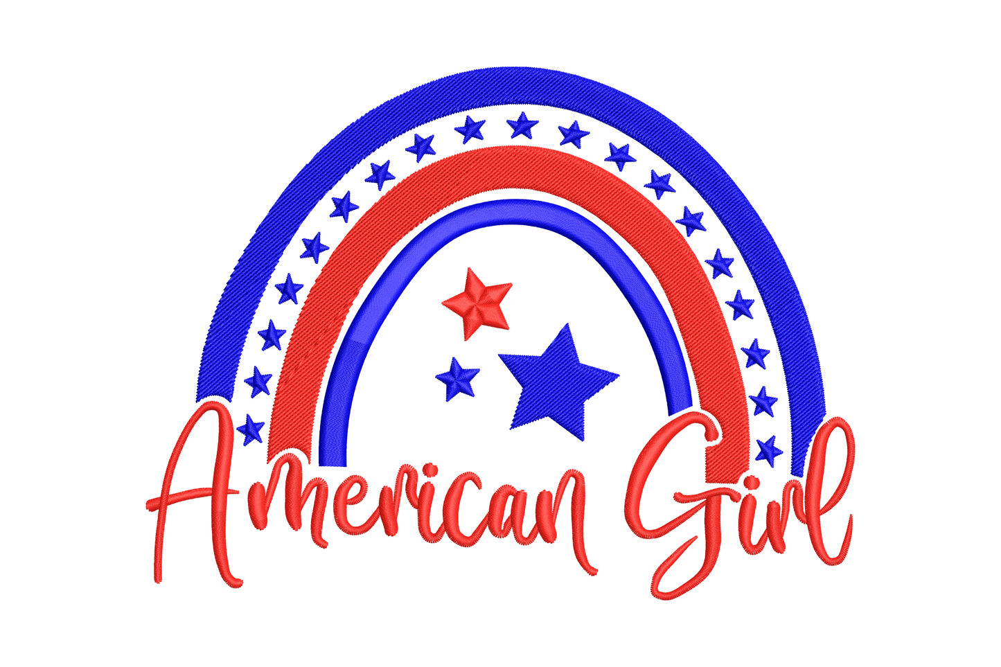 Embroidery design of a patriotic rainbow arch in royal blue and red with star border and American Girl script lettering underneath, 4th of July rainbow design
