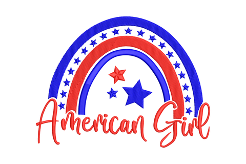 Embroidery design of a patriotic rainbow arch in royal blue and red with star border and American Girl script lettering underneath, 4th of July rainbow design