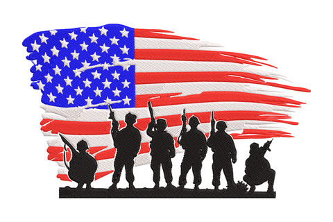 Soldier silhouettes beneath a distressed American flag embroidery design, black blue white and red thread, military tribute