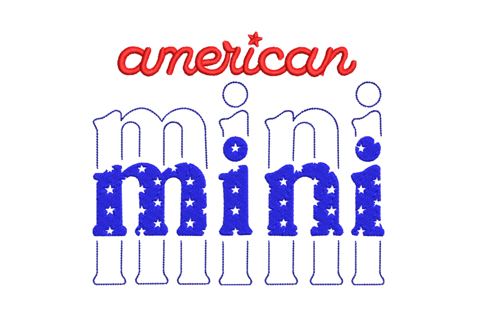 American Mini stacked text embroidery design in red script and royal blue star-filled letters for kids, 4th of July