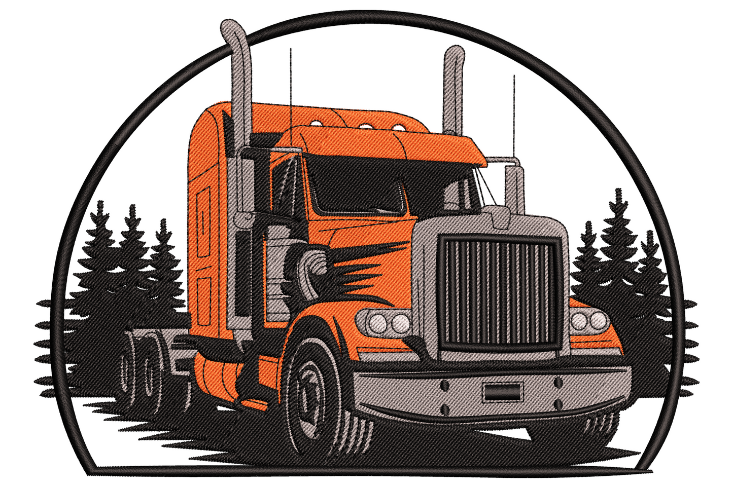 American semi truck embroidery with deep red long-nose cab, charcoal trailer and tall green pine forest behind.