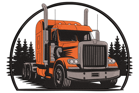 American semi truck embroidery with deep red long-nose cab, charcoal trailer and tall green pine forest behind.