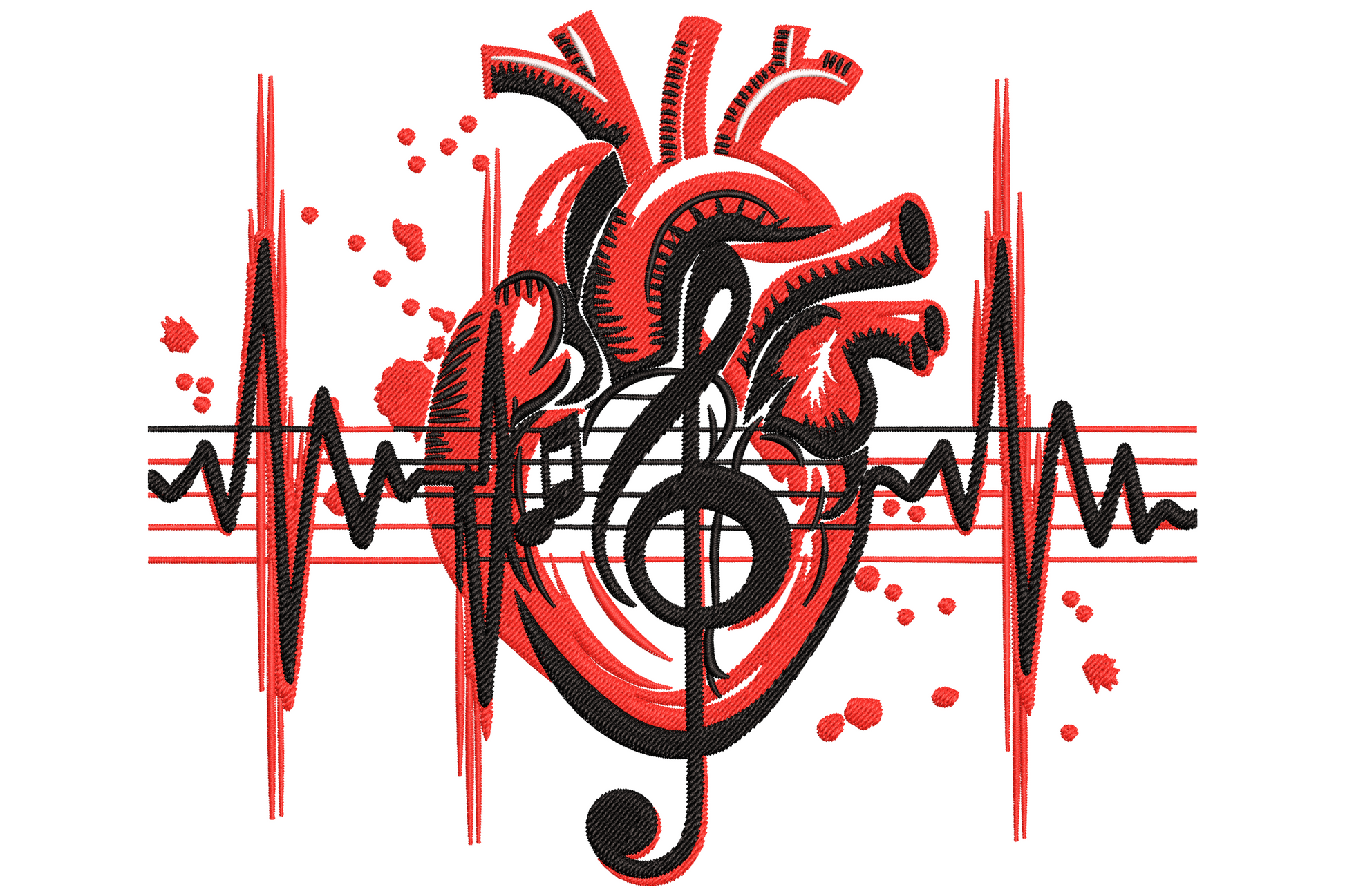 Anatomical heart music embroidery design with treble clef, ECG pulse line and music staff in red and black, bold graphic style, 9 sizes.