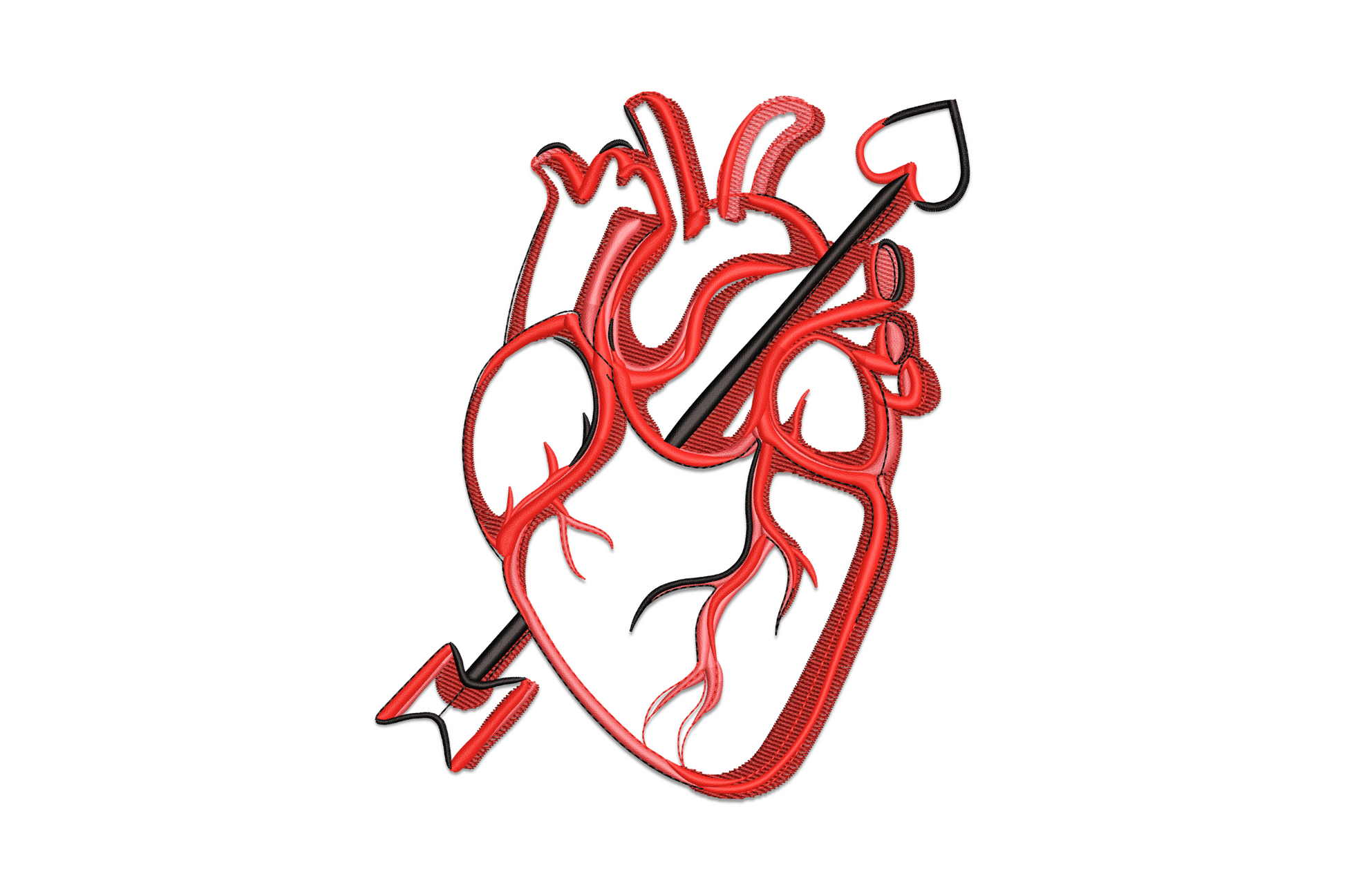 Anatomical heart embroidery with visible aorta and vessels in deep red, diagonal grey arrow piercing through on cream fabric