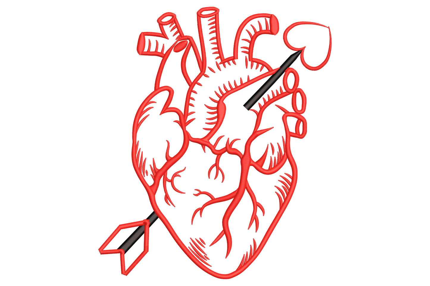 Anatomical heart embroidery design in red outline with black arrow piercing through and a tiny heart on the arrow tip