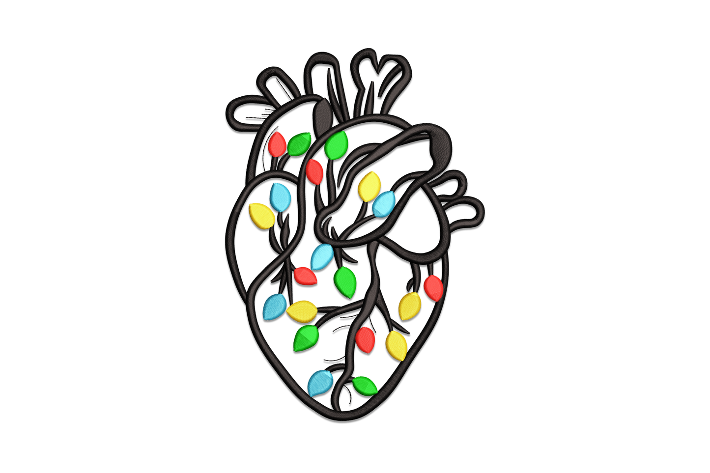 Anatomical heart Christmas lights embroidery design, black outline heart with colourful bulbs in red, green, blue, yellow, cyan