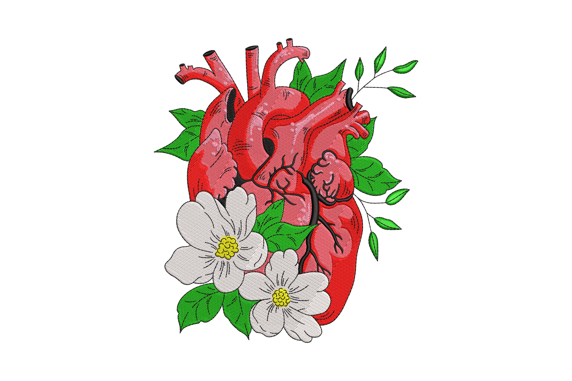 Anatomical heart with flowers embroidery design, deep red realistic heart with white petals and green leaves, 7 colours.