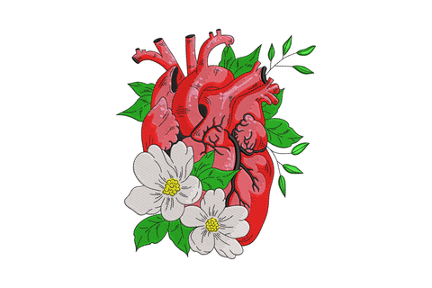 Anatomical heart with flowers embroidery design, deep red realistic heart with white petals and green leaves, 7 colours.