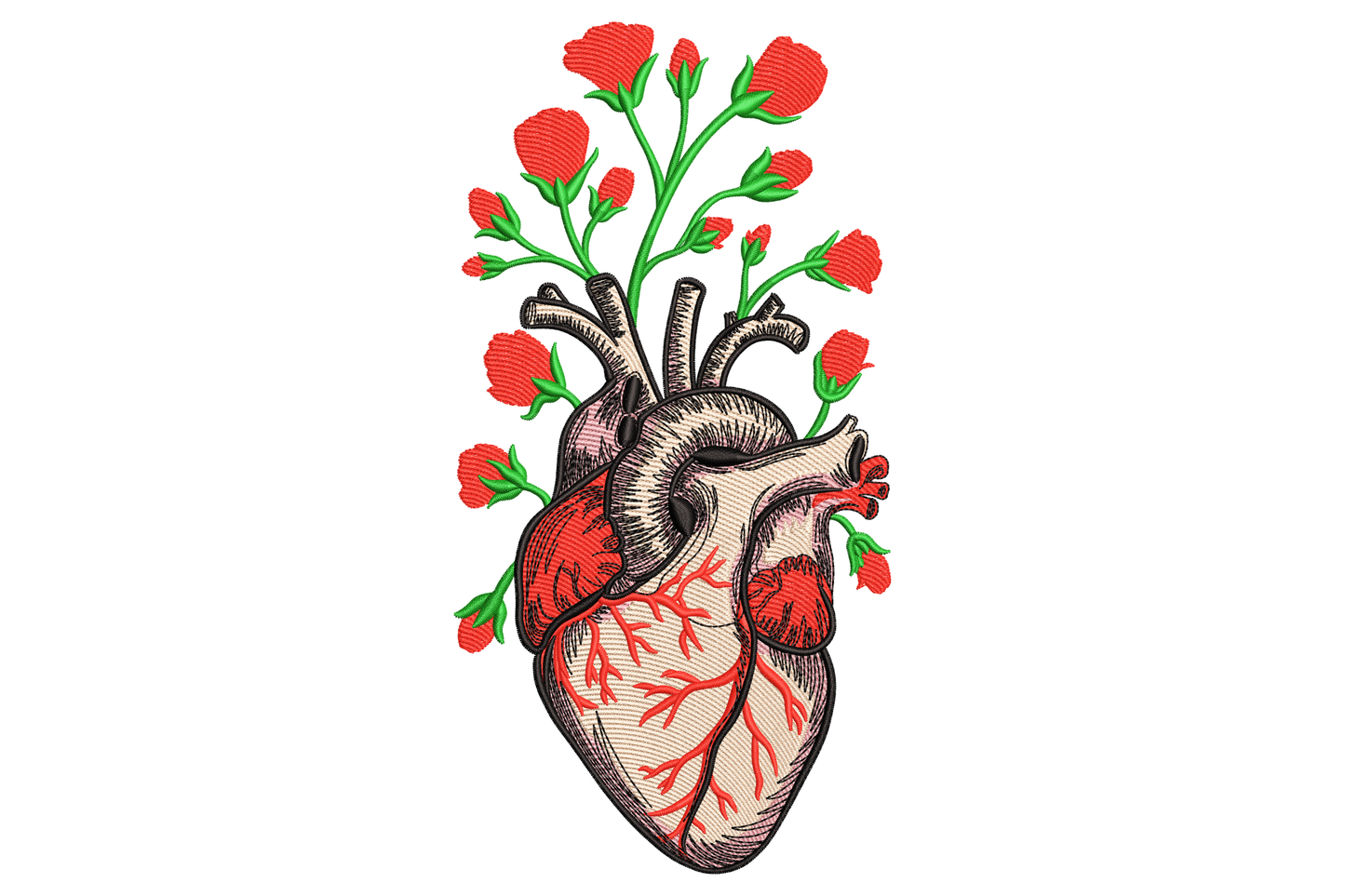 Anatomical heart embroidery, cream and red shading with visible veins, red roses growing from the aortic vessel openings.