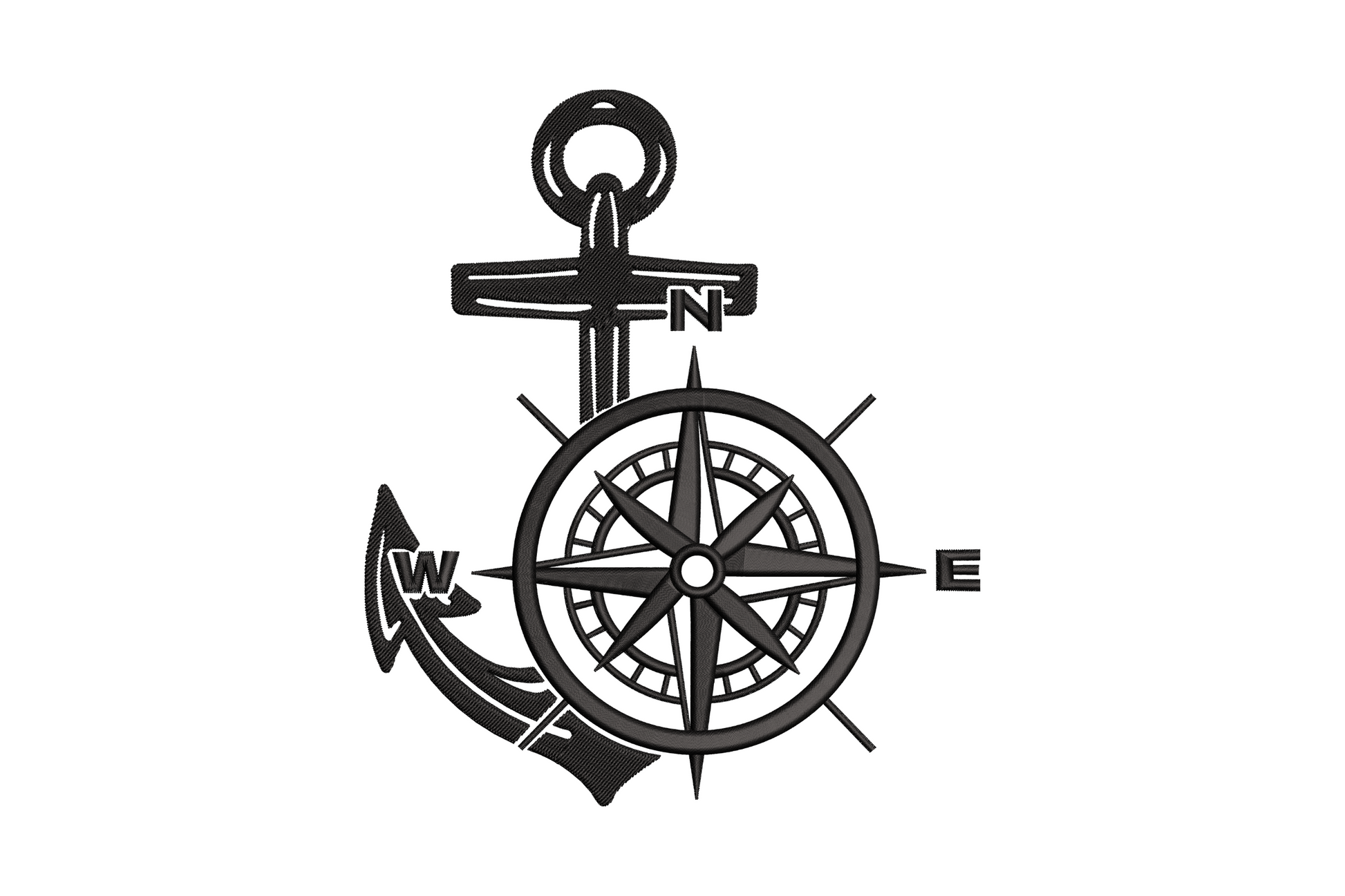 Anchor compass rose nautical embroidery design, anchor shaft through compass ring with N W E cardinal points and directional starburst, black thread