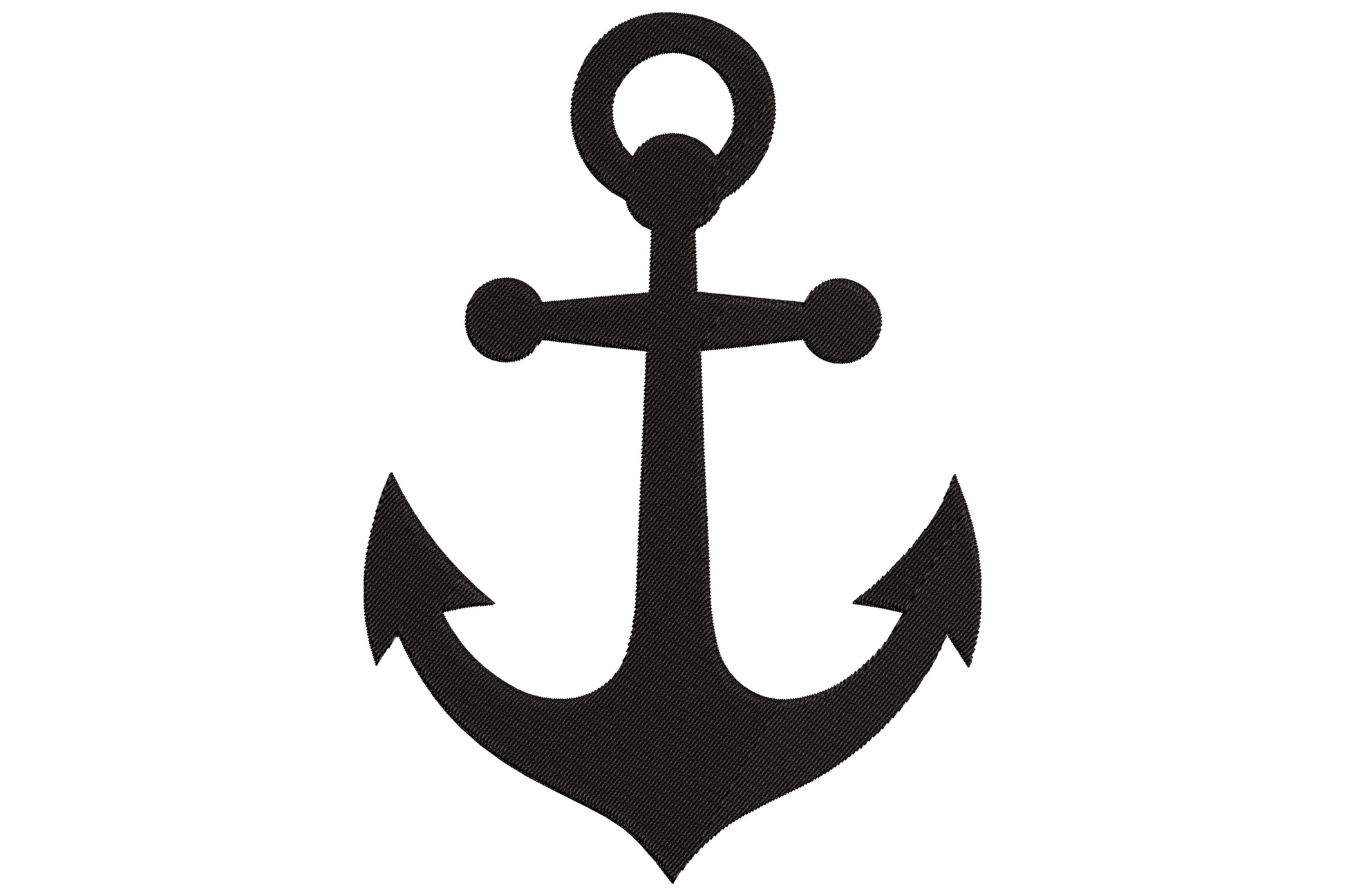 Classic anchor silhouette embroidery design, solid black fill, ring top, straight shank, horizontal crossbar, curved flukes at base, no decoration.