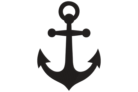 Classic anchor silhouette embroidery design, solid black fill, ring top, straight shank, horizontal crossbar, curved flukes at base, no decoration.