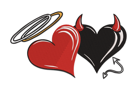 Angel devil hearts valentine embroidery, two cartoon hearts side by side with halo and wings on one and devil horns and tail on the other
