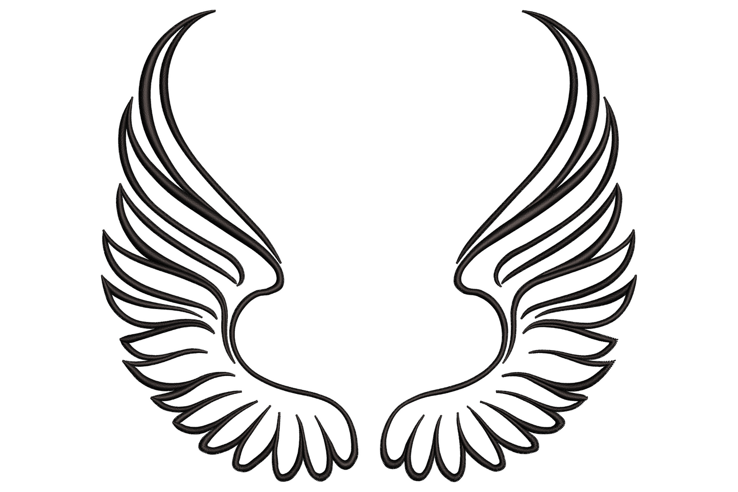 Angel wings outline embroidery, symmetrical pair of feathered wings in clean black tattoo-style line work with no fill