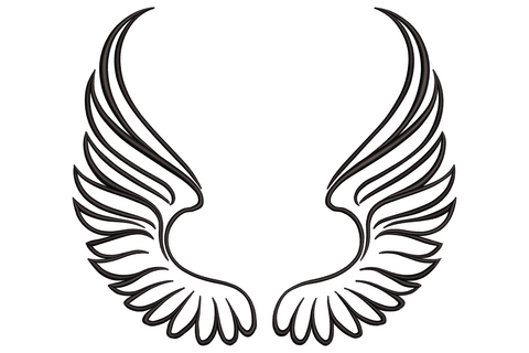 Angel wings outline embroidery, symmetrical pair of feathered wings in clean black tattoo-style line work with no fill