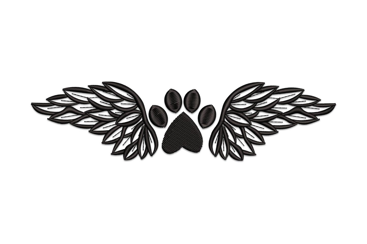 Angel wings paw print embroidery, solid black paw centred between feathered wings with open cutwork voids.